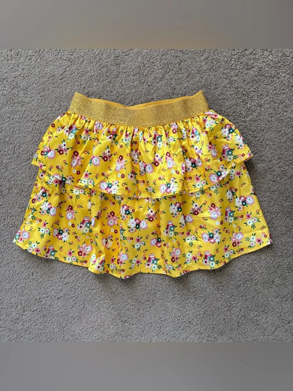 365KIDS Girls 10 Yellow Floral Owl Tiered Short Skirt Pull On